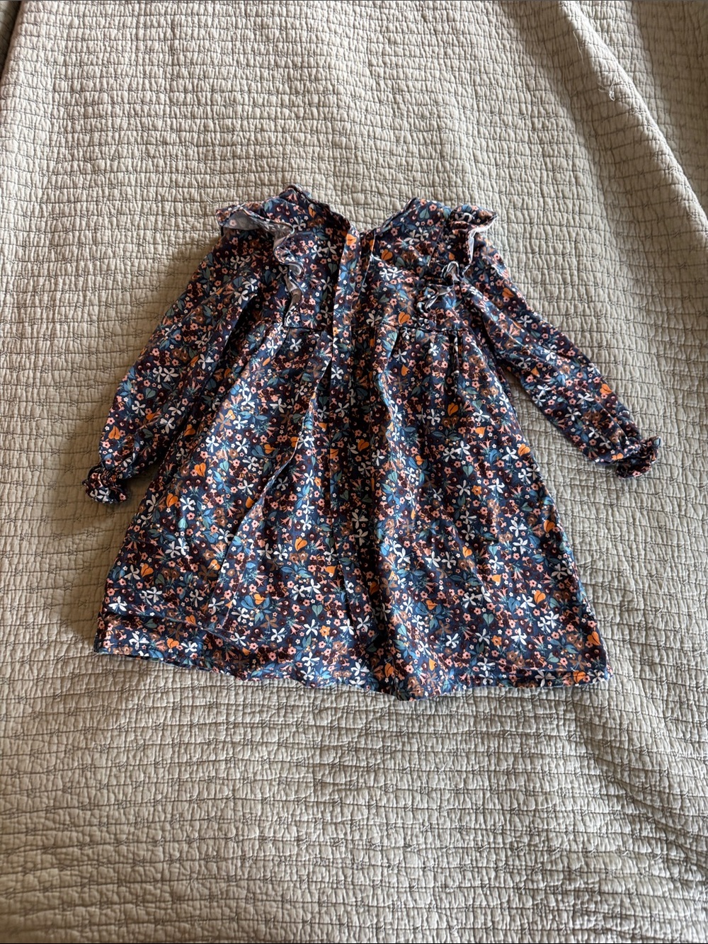 Navy Floral Ruffle-Trim Long-Sleeve Girls' Dress